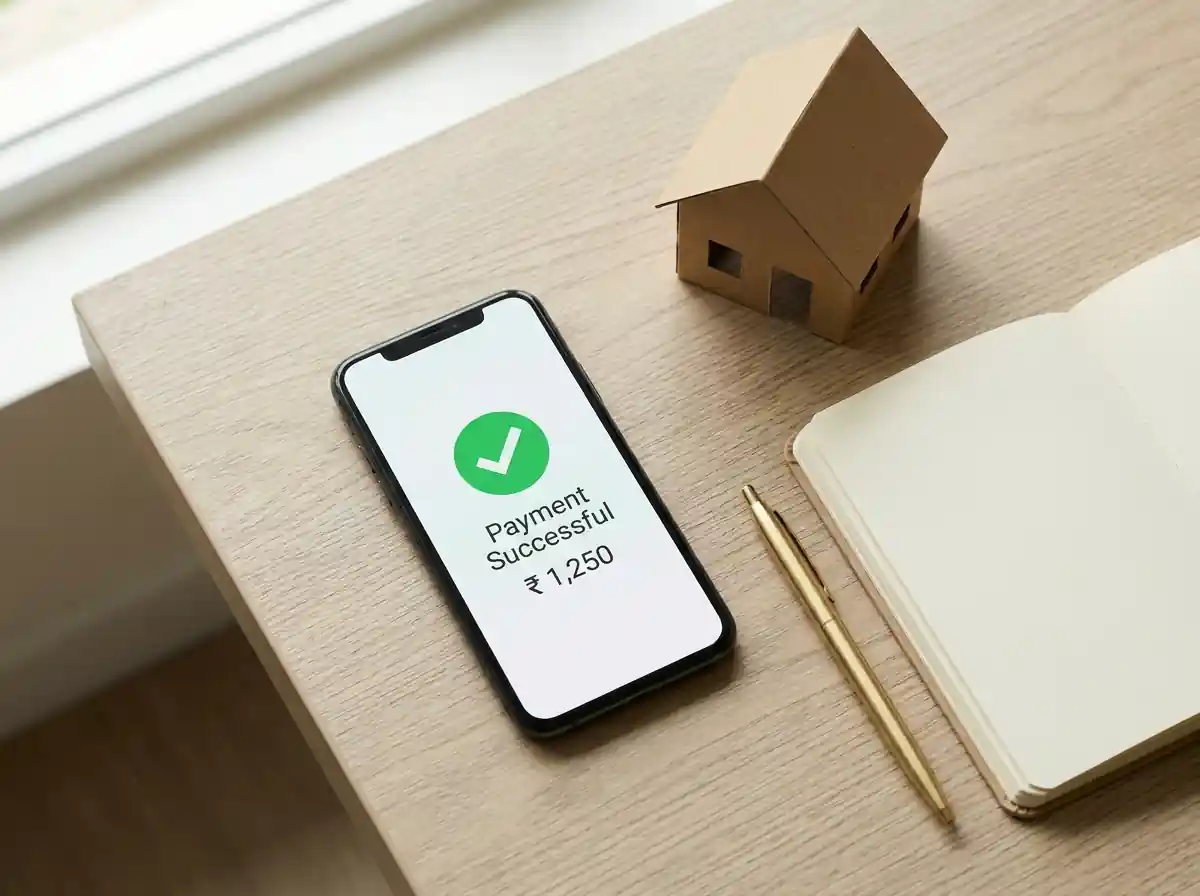 Smartphone showing successful property bill payment in rupees for NRI-owned home in India Smartphone showing successful property bill payment in rupees for NRI-owned home in India