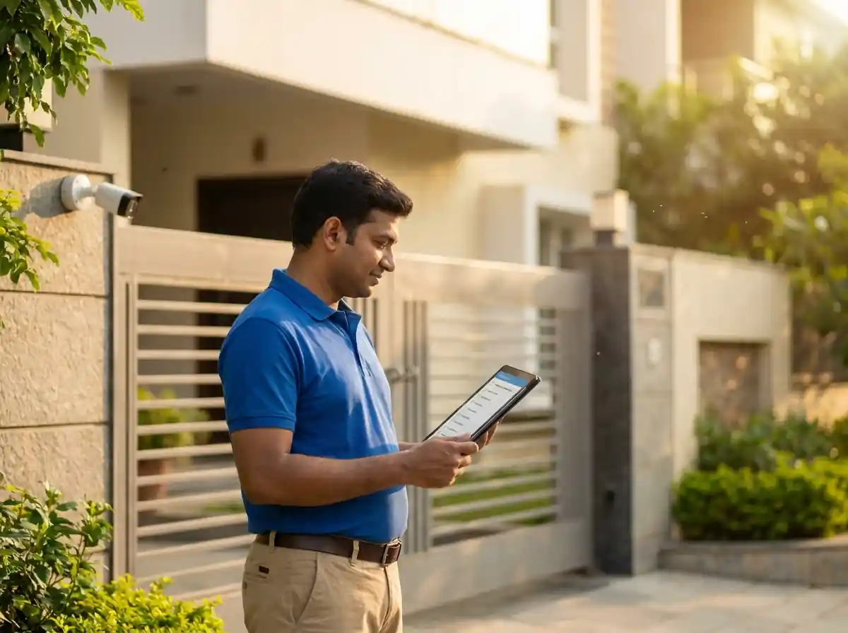 Guardia property manager inspecting NRI-owned apartment in Hyderabad using a digital tablet Guardia property manager inspecting NRI-owned apartment in Hyderabad using a digital tablet