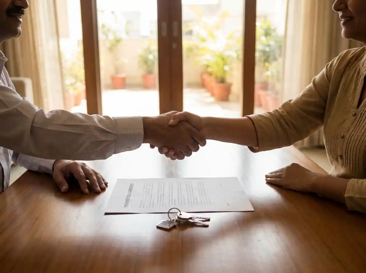 Indian property channel partner and client shaking hands after completing NRI property sale in Hyderabad Indian property channel partner and client shaking hands after completing NRI property sale in Hyderabad