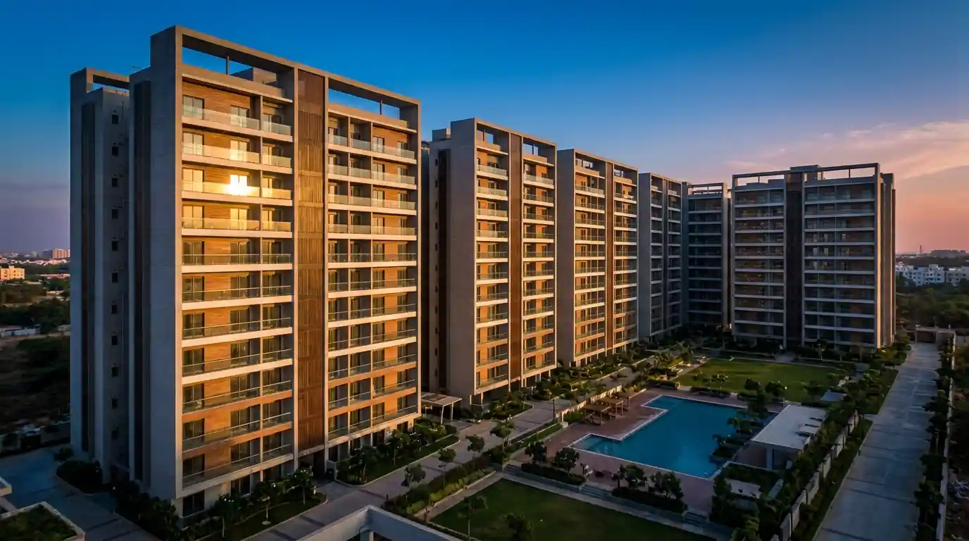 Aerial view of a gated residential apartment complex in Hyderabad managed by Guardia for NRI property owners Aerial view of a gated residential apartment complex in Hyderabad managed by Guardia for NRI property owners